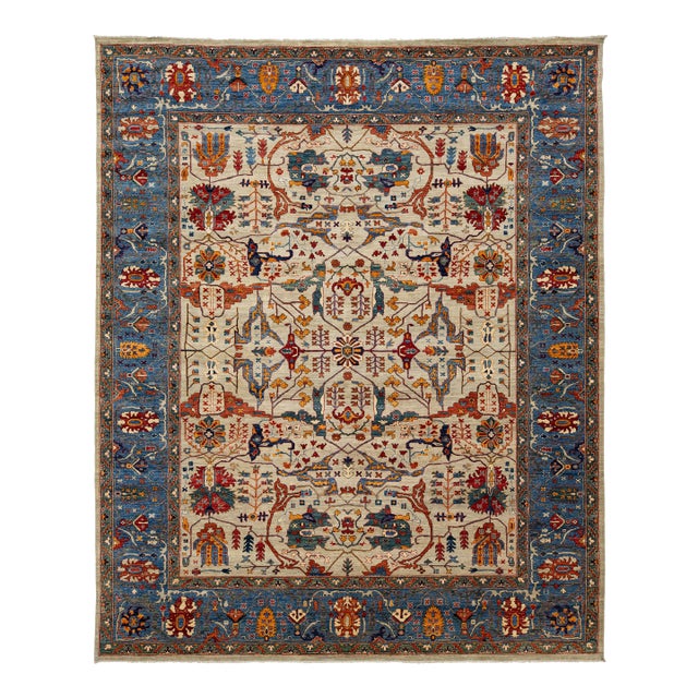 Modern Designed Serapi-Style Wool Rug in Beige and Blue For Sale