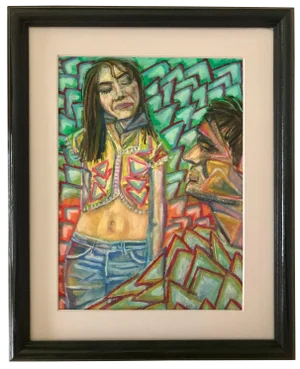 Vintage Modernist Pastel Drawing of Hippie Bohemian Couple