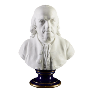 Antique 19th Century French Sevres Biscuit Porcelain Bust of Benjamin Franklin on a Faux Lapis Socle