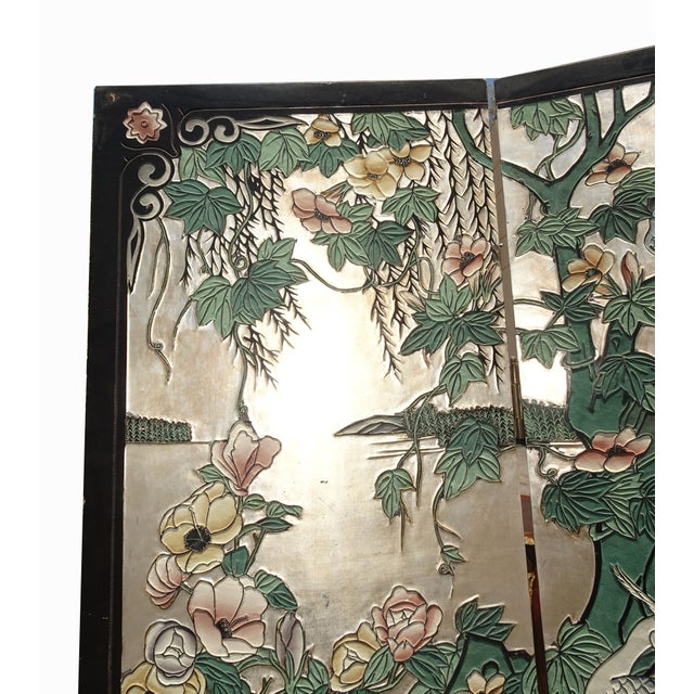 Wood Vintage Silver Chinese Asian Six Panel Screen ~ Room Divider W Heron Birds For Sale - Image 7 of 18