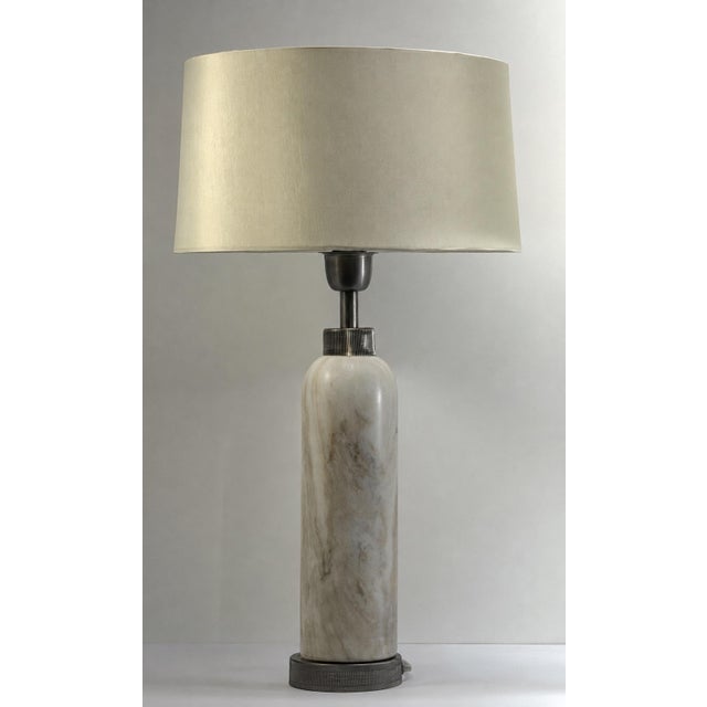 2020s Pair of Vintage Cream Marble Column Table Lamps With Textured Gunmetal Hardware and Linen Shades For Sale - Image 5 of 5