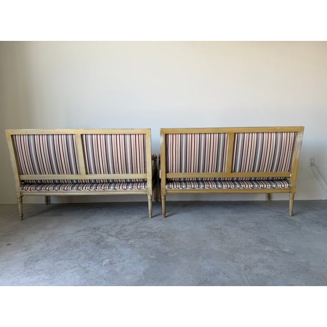 Vintage French Neoclassical Louis XV Style Striped Upholstery Settees – Pair For Sale - Image 10 of 17