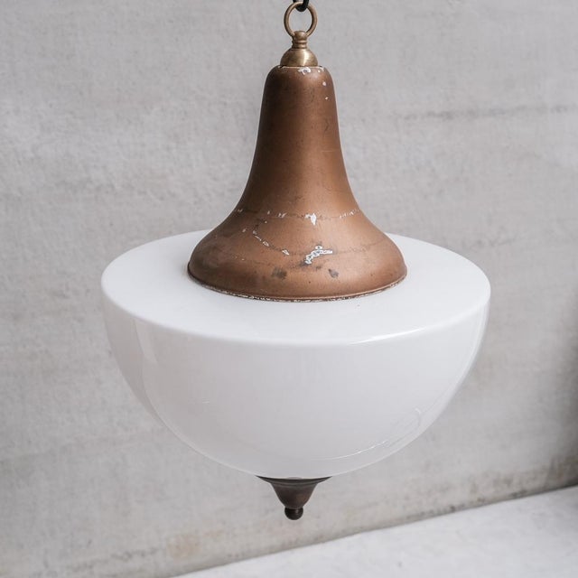 Large Mid-Century French Metal and Opaline Glass Pendant Light, 1950s For Sale - Image 6 of 10