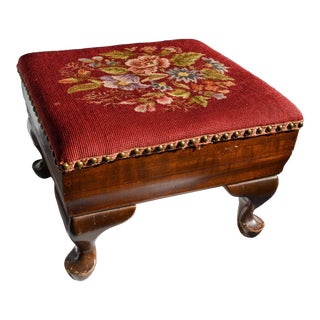 Antique Empire Chippendale Footstool With Needlepoint Floral Red Cushion For Sale
