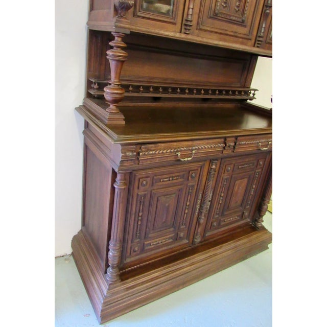 Early 20th Century Carved Antique English Two Piece Walnut Court Cupboard China Cabinet For Sale - Image 4 of 13