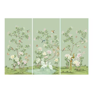 30"*60"/Panel, Handmade Aqua Green Chinoiserie Wall Art, No Frame, Tea Paper For Sale