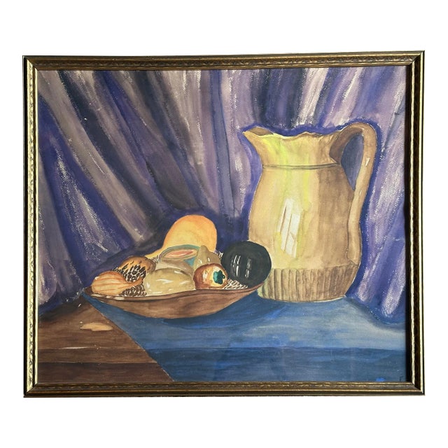 1940s French Framed Watercolor Still Life Painting For Sale