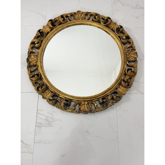 Mid-Century Modern Large Circular Wall Mirror in Carved Gilded Wood, 1940s For Sale - Image 3 of 12