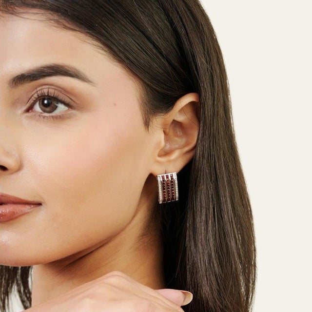 Red Garnet Birthstone Wide Bar Silver Earrings With Sparkling Zircons- 2 Pieces For Sale - Image 6 of 11