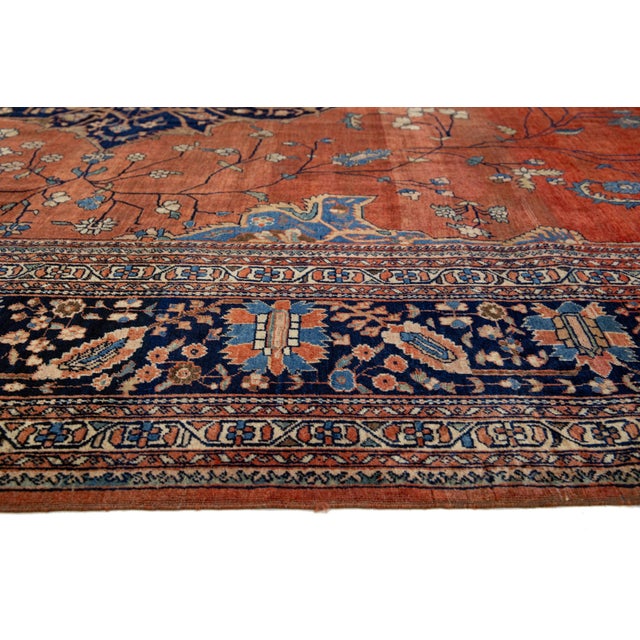 Late 19th Century 1880s Antique Persian Farahan Wool Rug Handmade in Rust With Medallion Design For Sale - Image 5 of 11
