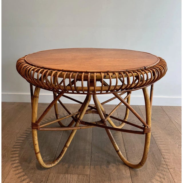 Round Rattan and Wood Wood Coffee Table. Italian Work in the Style of Franco Albini For Sale - Image 6 of 12