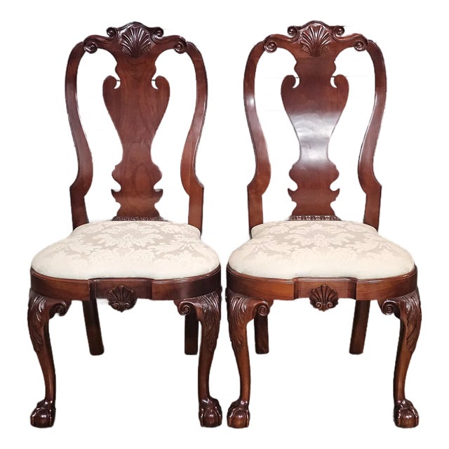 Pair of Kindel Winterthur Collection Mahogany Clawfoot Dinning Arm Chairs Silk For Sale
