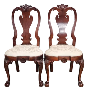 Pair of Kindel Winterthur Collection Mahogany Clawfoot Dinning Arm Chairs Silk