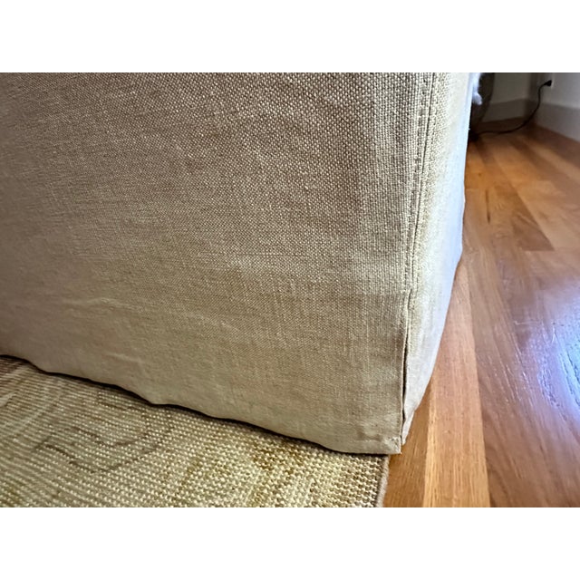 Restoration Hardware Belgian Slipcovered Slope Arm Bench-Cushion Sofa in Sand Performance Linen, 7ft (Pair Available) For Sale - Image 13 of 14
