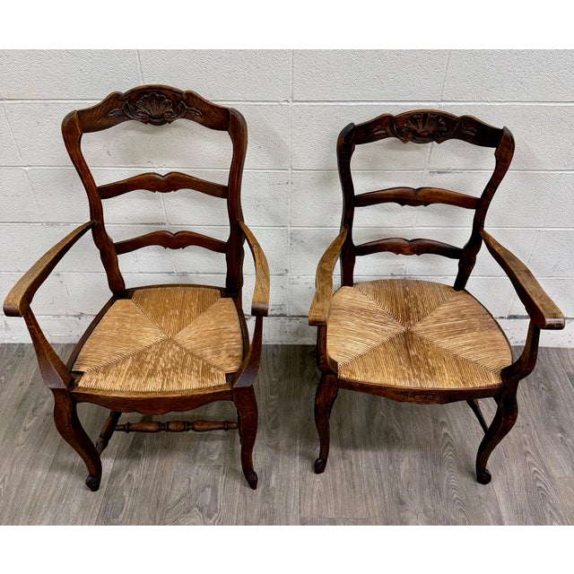 French Country Antique French Country Style Louis XV Style Ladder Back Rush Seat Arm Chairs For Sale - Image 3 of 10