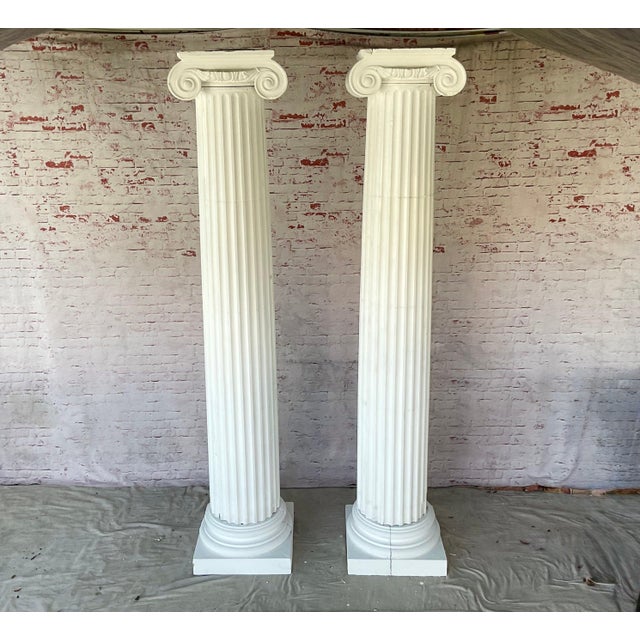 Neoclassical Ionic-Style Fluted White Carved Wood Architectural Columns, a Pair For Sale - Image 9 of 15