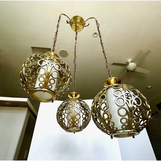 Metal Trio (3) Mid-Century Hollywood Regency Pierced Brass Cluster Pendant Chandelier $4,500 For Sale - Image 7 of 18