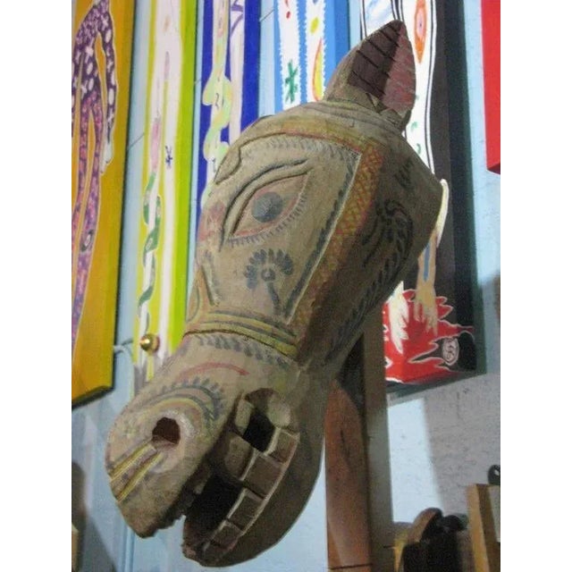 Monumental Mid-Century Mexican Folk Art whimsical hand-carved wood polychrome horse head sculpture. A very cool sculptural...