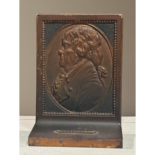 Vintage Pair of Cast Bronze Bas-Relief Thomas Jefferson Portrait Bookends For Sale - Image 4 of 9