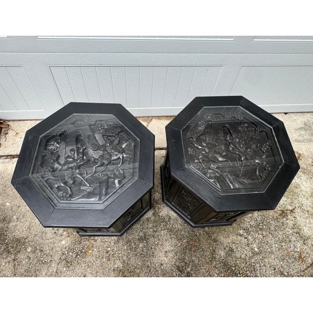 Mid-Century Chinese Carved Figural Wood Octagon Side Tables - A Pair For Sale - Image 11 of 12