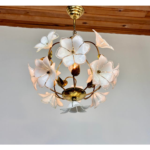 Vintage Murano Style White Floral Globe Chandelier - Brass Finish For Sale - Image 11 of 15