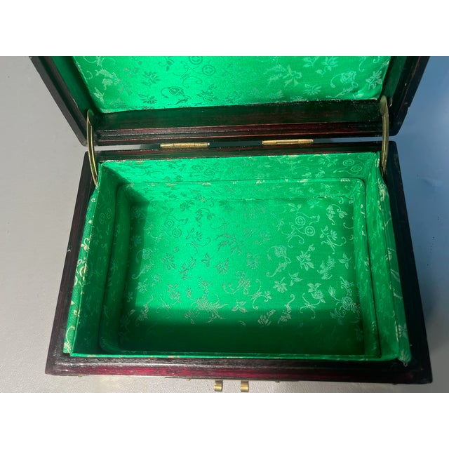 Wood Rosewood Jewelry Box Brass Mounts Shanghai China Silk Brocade Lined For Sale - Image 7 of 9