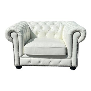 White Leather Chesterfield Club Chair | Tufted Chair-and-a-Half | Nailhead Trim & Bun Feet For Sale