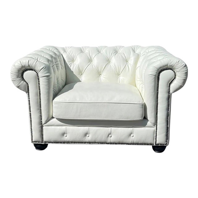 White Leather Chesterfield Club Chair | Tufted Chair-and-a-Half | Nailhead Trim & Bun Feet For Sale