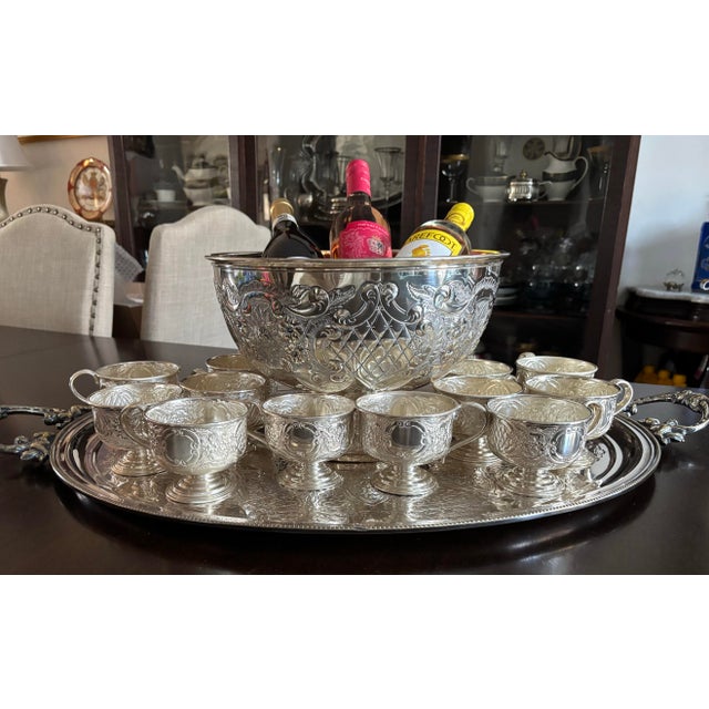 Sheffield 1920’s Sheffield England Hand Chased Repousse SilverPlate Punch Bowl W/12 Cups For Sale - Image 4 of 12