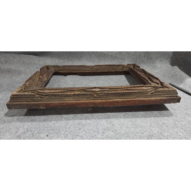 Burnt Umber Antique Tramp Art Carved Wood Frame With Layered Geometric Design For Sale - Image 8 of 18