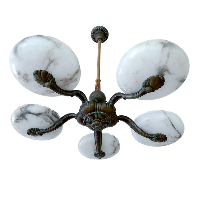 Large Art Deco Alabaster and Bronze Chandelier, 1930s For Sale
