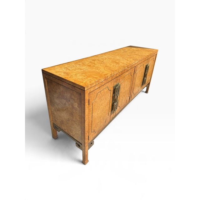 1970s Hollywood Regency Burlwood & Brass Greek Key Credenza, Attributed to Mastercraft For Sale In Miami - Image 6 of 10