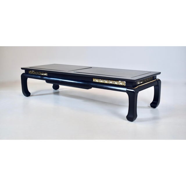 Black Ming Style Coffee Table, Black Lacquered Wood, Brass Fretwork, Usa For Sale - Image 8 of 9