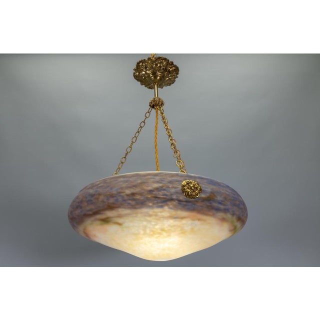 Art Nouveau Violet and Amber Glass and Brass Pendant Light, France, 1920 For Sale - Image 3 of 18