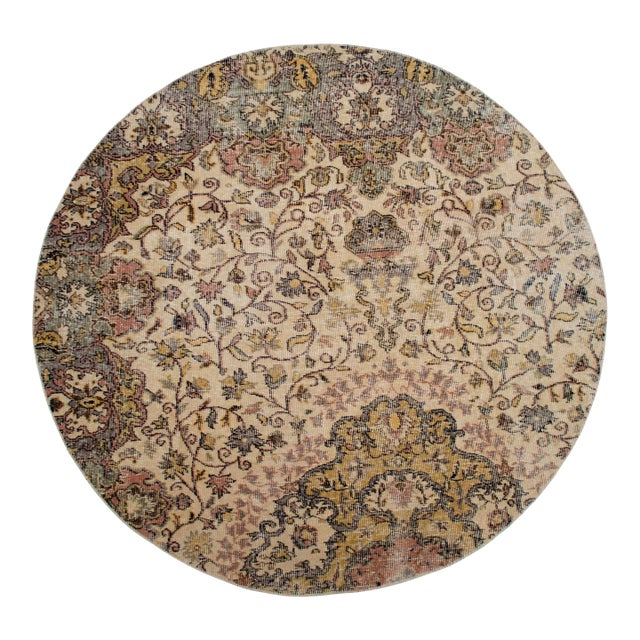 Round Turkish Rug Upcycled Vintage Hand Knotted Wool Circle Area Rug 5'3" X 5'3" For Sale