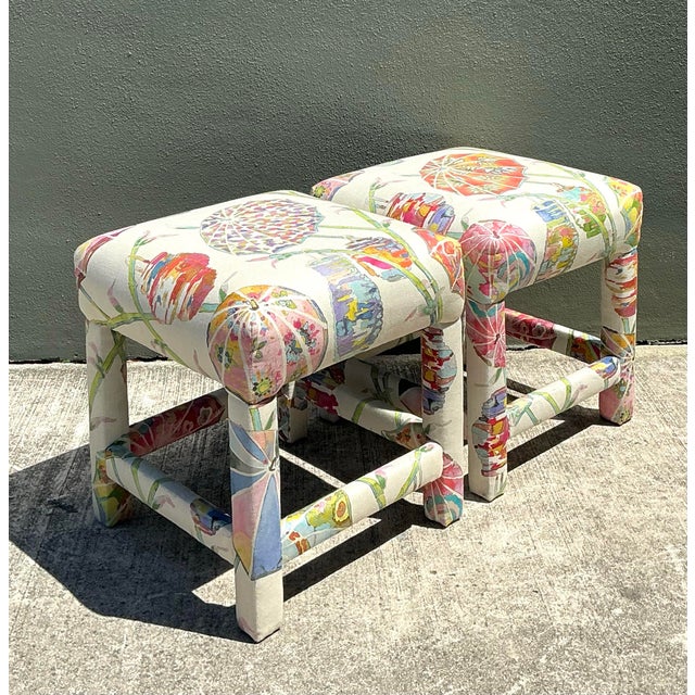Vintage Printed Paper Napkin Low Stools - A Pair For Sale - Image 9 of 12