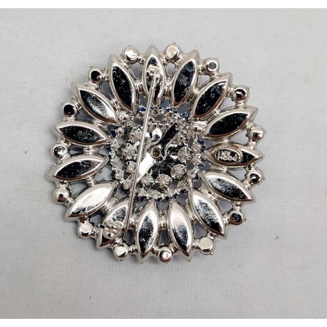 Vintage 1960s Signed Hobe Rhodium Plated Marquise Faux-Sapphire & Clear Rhinestone Brooch For Sale - Image 4 of 6