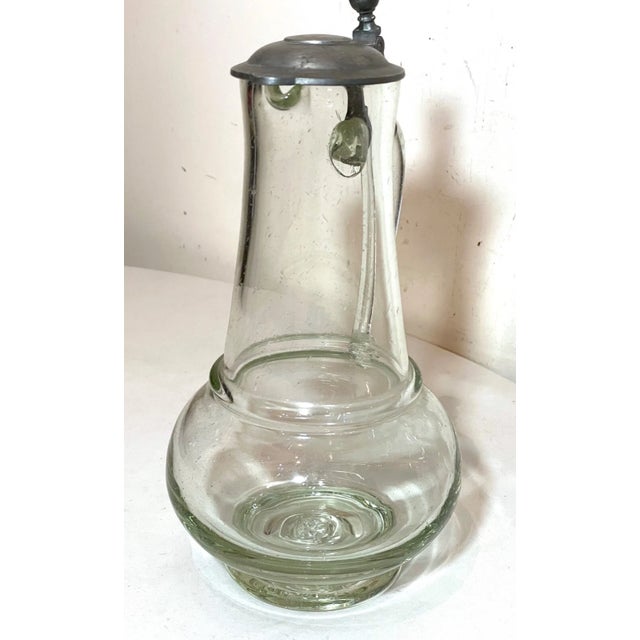 Transparent Large Antique 1800s Hand Blown Glass Pewter German Lidded Beer Stein Mug Pitcher For Sale - Image 8 of 11