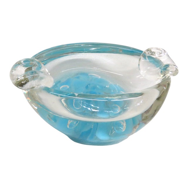Joe St Clair Glass Ashtray Aqua Blue and Clear Bullicante Floral Art Bowl 4728b For Sale