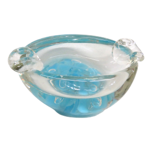Joe St Clair Glass Ashtray Aqua Blue and Clear Bullicante Floral Art Bowl 4728b