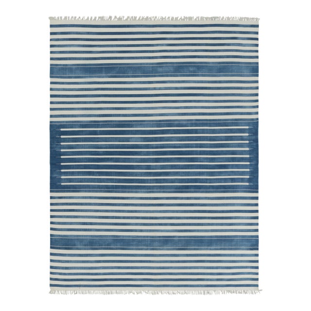 Rug & Kilim's Contemporary Dhurrie Rug in Dark Blue and White Stripes - 8x10 For Sale