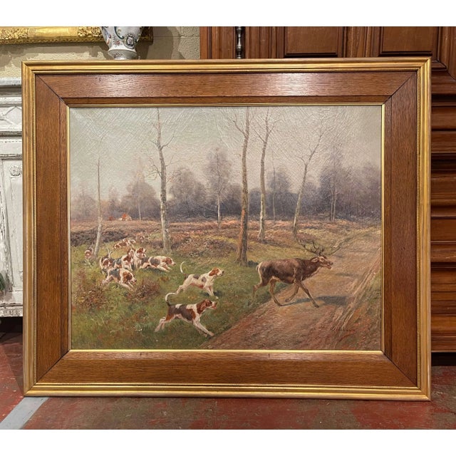 Set of Four 19th Century Framed Oil on Canvas Hunt Paintings Signed E. Godchaux For Sale - Image 9 of 13