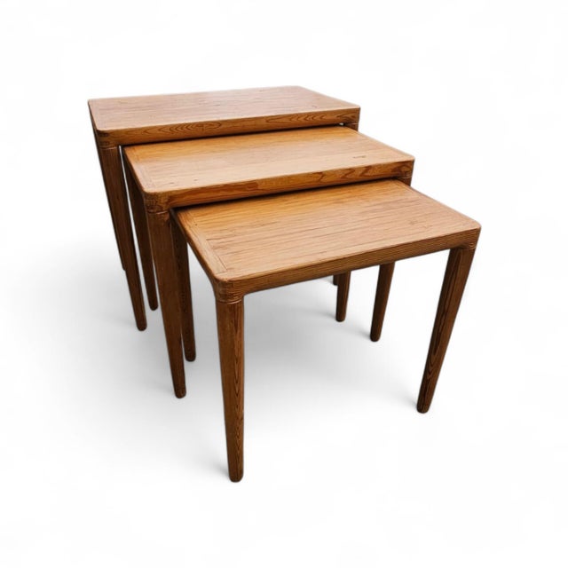Set of 3 solid oak nesting tables / Henry Walter Klein for Bramin Width 58 Depth 38 Height 48 cm