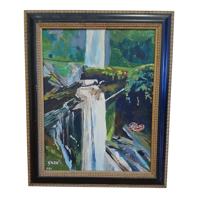 1980s Framed Original Waterfall Painting on Canvas by Artist Garm For Sale