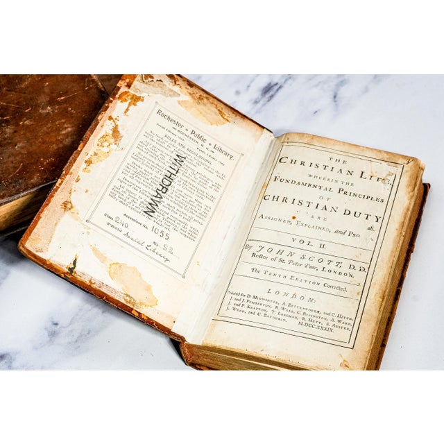 Brown Rare 1739 the Christian Life John Scott Complete Set Antique Leather Books For Sale - Image 8 of 13