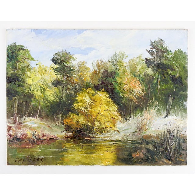 Rustic Late 20th Century Impressionist Pond and Trees Landscape Painting For Sale - Image 3 of 3
