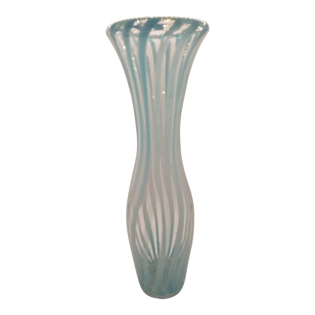Vintage Artisan Baby Blue Striped Lipped Glass Blown Vase For Sale