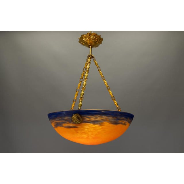 French Art Nouveau Blue & Orange Mottled Glass Pendant Light by G.V. Croismare For Sale - Image 17 of 18