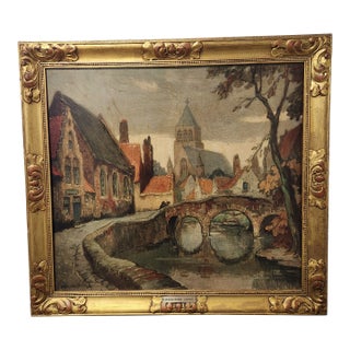 Early 20th Century Framed Oil Painting by Alfred Van Neste – The Bridge in Bruges, Belgian Landscape For Sale