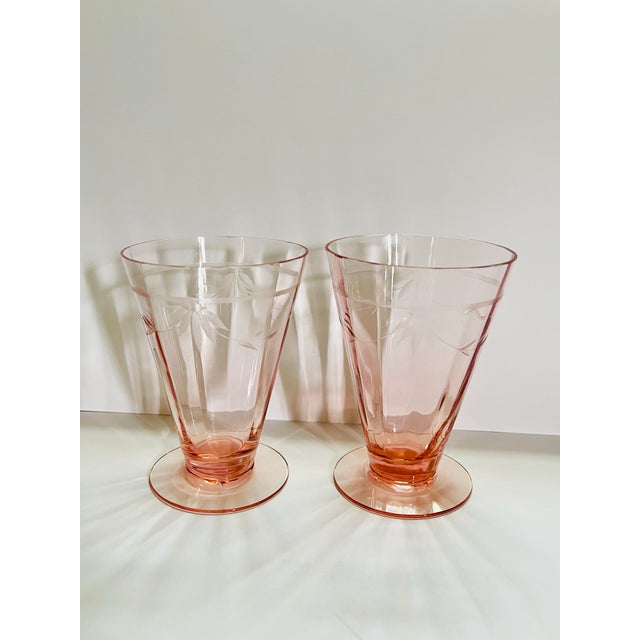 Art Deco 1930s Tiffin Franciscan Etched Pink Optic Glass Juice Glasses-a Pair For Sale - Image 3 of 10